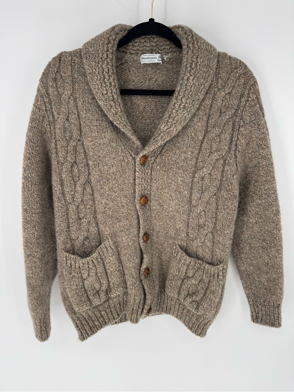 Shetiano made in Scotland 100% wShawl Collar Cable Knit Cardigan Sweater - Taupe